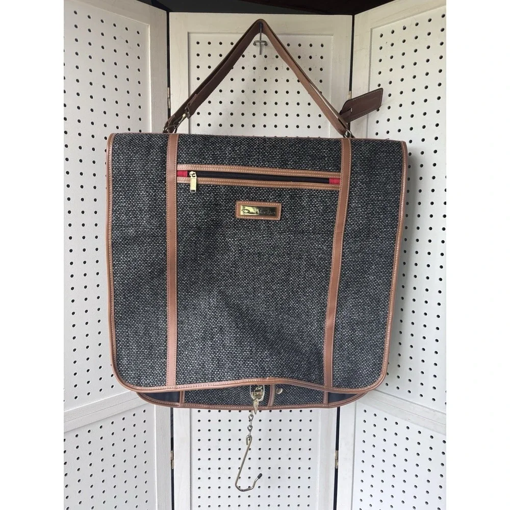 Vtg Oscar De La Renta Gray Black Tweed Folding Garment Bag Designer Luggage